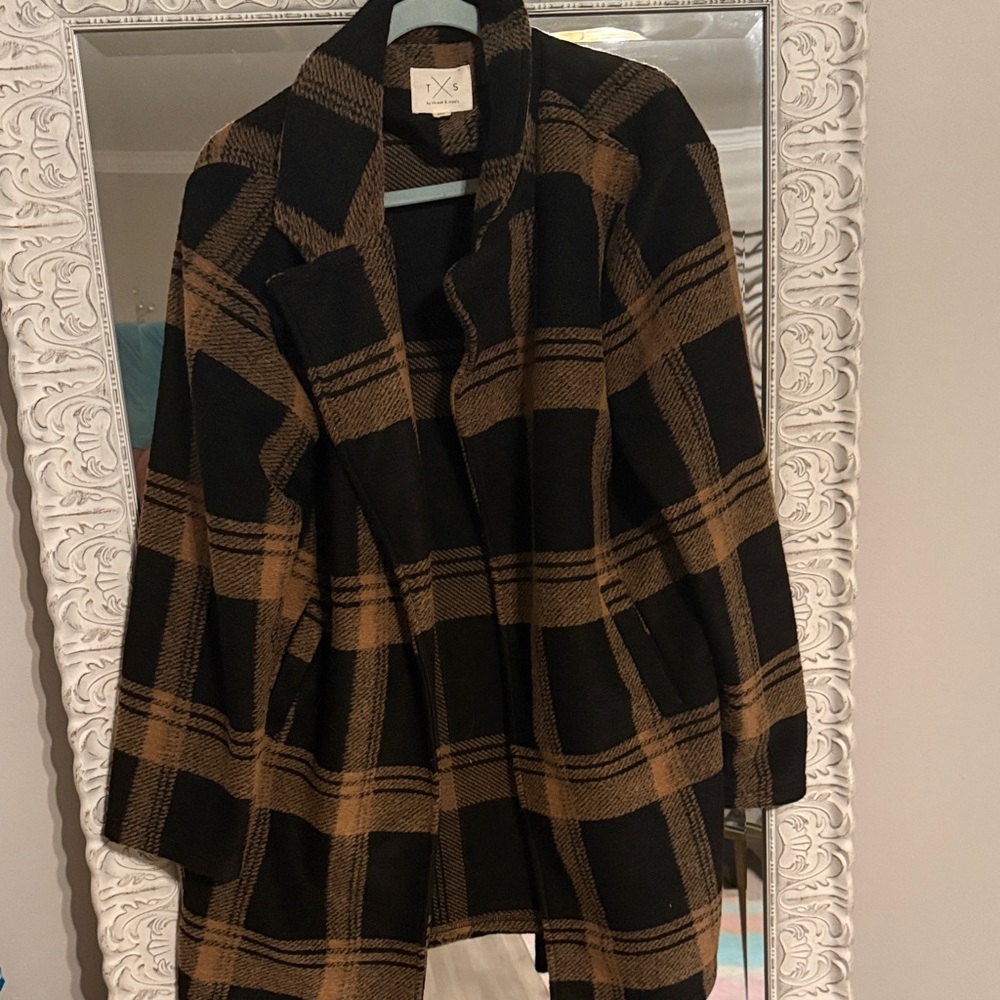 Thread & Supply Black and Tan Plaid Trench Coat